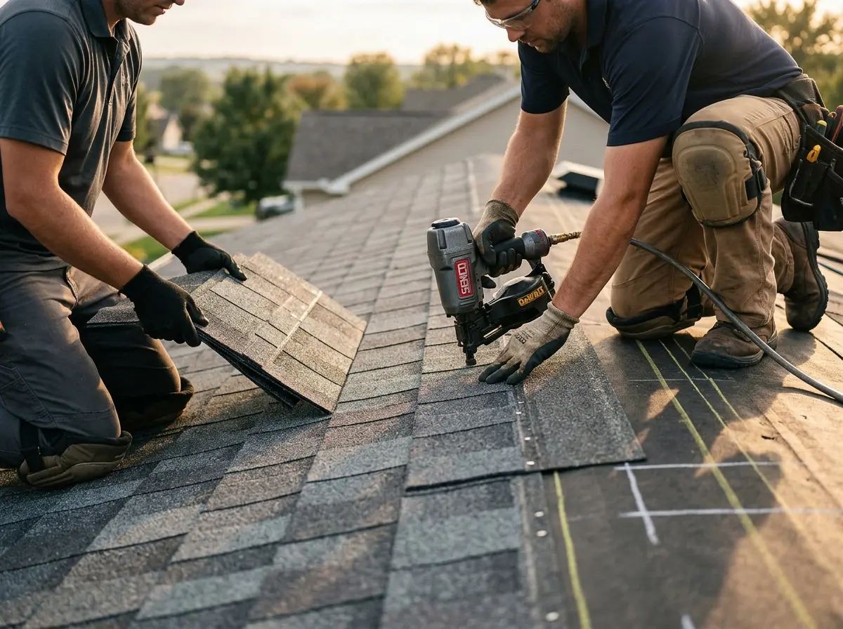 Professional roofer working on a residential roof in Woodburn